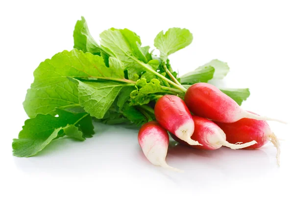 Färska röda rädisor med grönt blad — Stockfoto