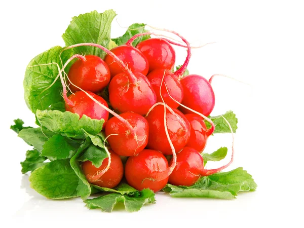 Verduras frescas de rábano rojo con hojas verdes —  Fotos de Stock
