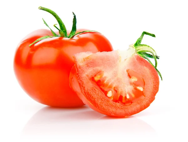 Fresh tomato with cut and leaves — Stock Photo, Image