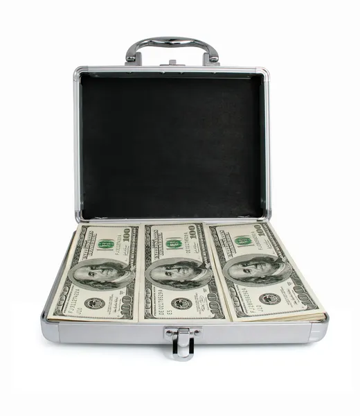 Ασημένια βαλίτσα με χρήματα δολάρια απομονωθεί — Φωτογραφία Αρχείου