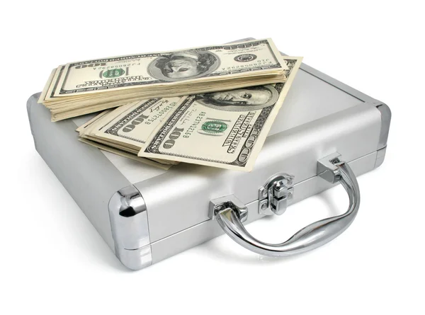 Packs d'argent de dollars sur la valise d'argent — Photo
