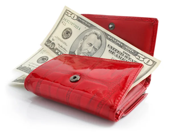Argent de dollars dans le sac à main rouge isolé — Photo
