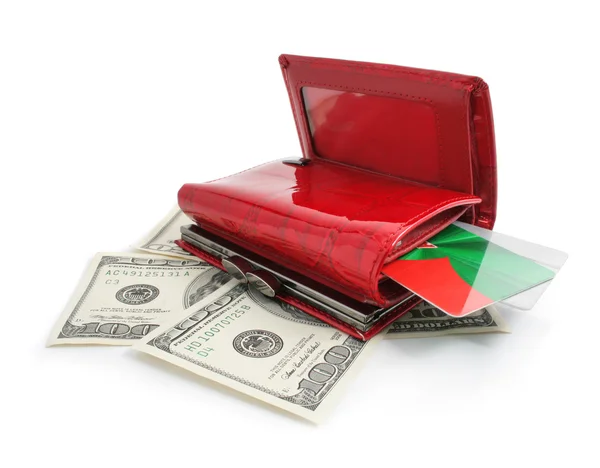 Dollar geld in de rode portemonnee geïsoleerd — Stockfoto