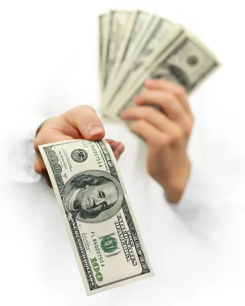 Dolarów pieniędzy w ręce na białym tle — Zdjęcie stockowe