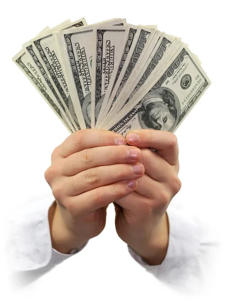 Dolarów pieniędzy w ręce na białym tle — Zdjęcie stockowe