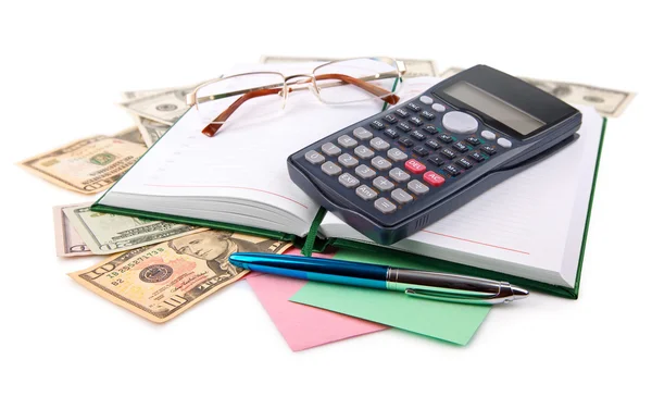 stock image Notebook with pen and calculator isolated on white