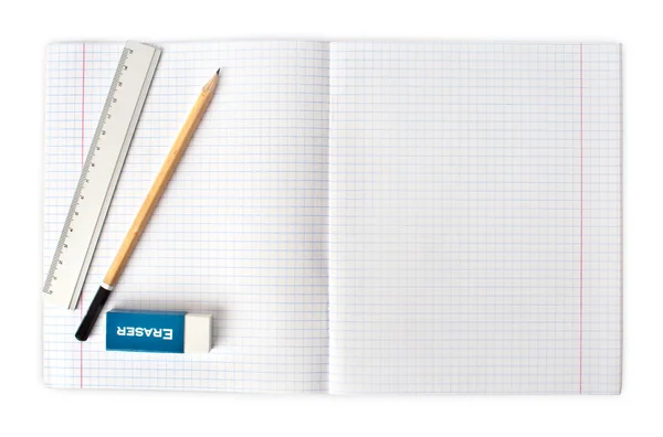Opened blank notebook with pencil and eraser — Stock Photo, Image