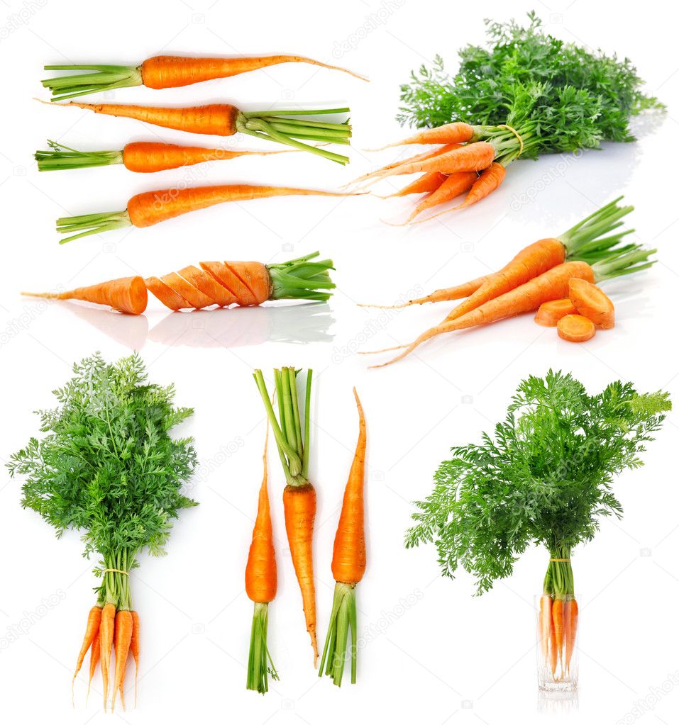 Set fresh carrot fruits with green leaves