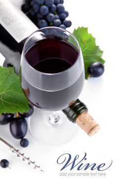 Wine bottle with glass and grapes clipart