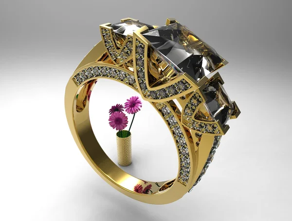 Şık kadın mücevher altın yüzük çiçek ile — Stok fotoğraf