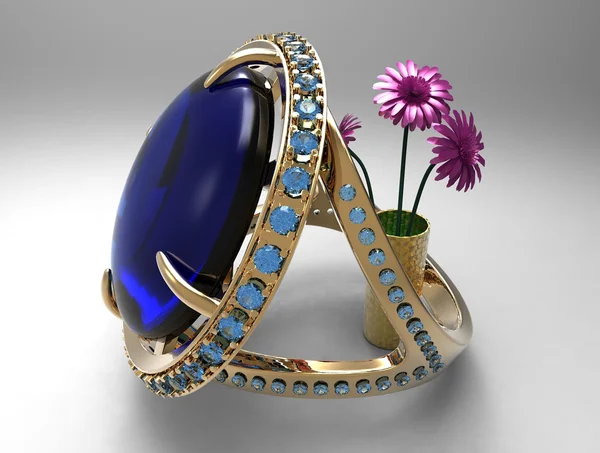 Elegante anello d'oro gioielli femminili con fiori — Foto Stock