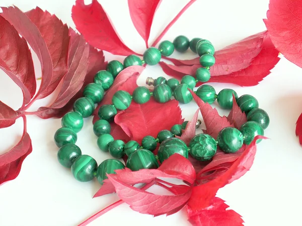 Green strung beads and red leafs — Stock Photo, Image