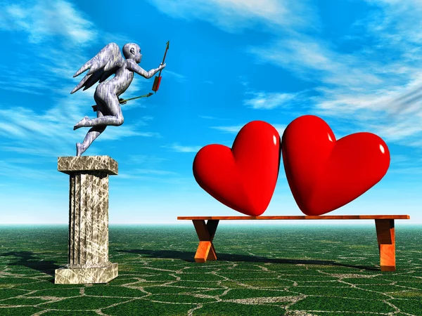 Dois corações e Cupido com asas . — Fotografia de Stock