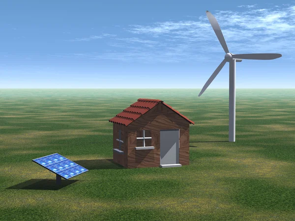 Casa con pannello solare e turbina eolica — Foto Stock