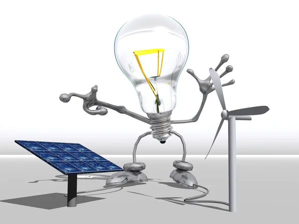 太阳能电池板和风力发电机与灯泡 — 图库照片