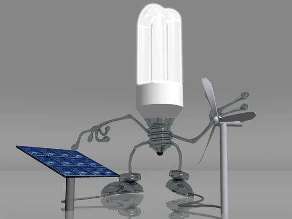 太阳能电池板和风力发电机与灯泡 — 图库照片