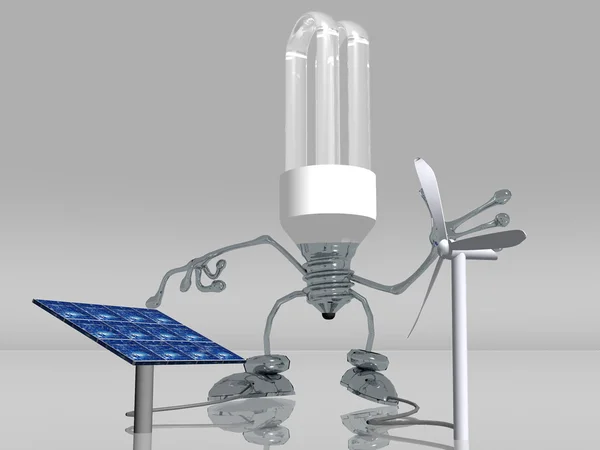 Solar panel and wind turbine with bulb — Stock Photo, Image