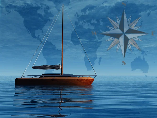 Kompass och båt på karta bakgrund — Stockfoto