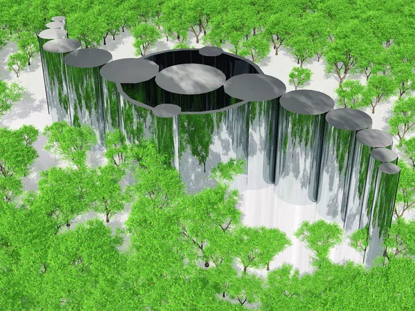 Placas de círculos de prata com árvores verdes — Fotografia de Stock