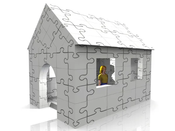 금발 여자와 퍼즐 하우스 — 스톡 사진