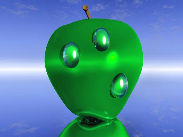 Зелене яблуко з краплями води на синьому фоні — стокове фото