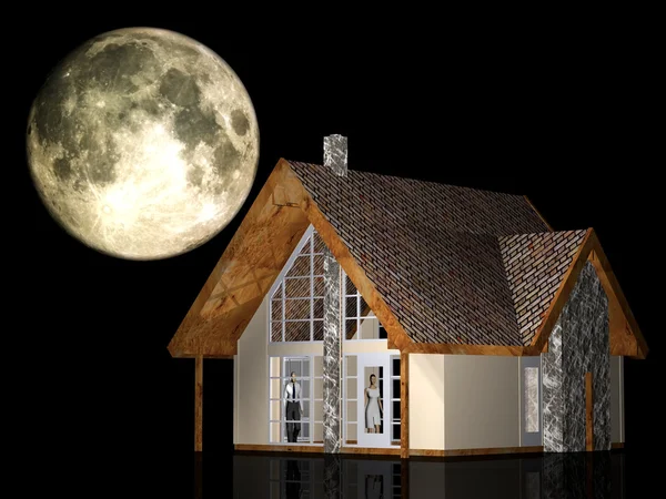 Modelo casa com lua grande — Fotografia de Stock