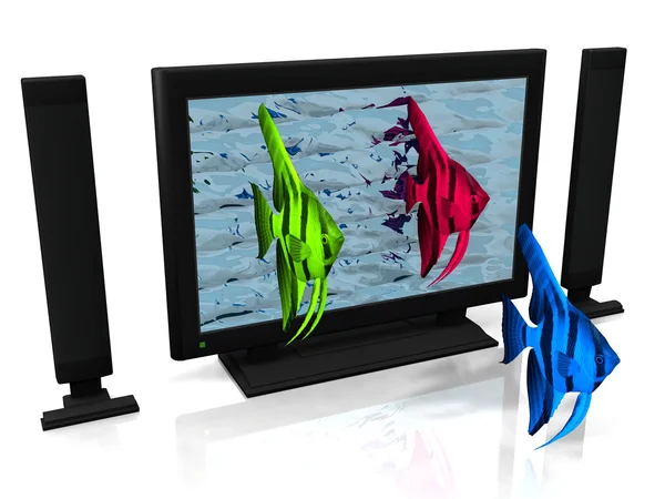 3D render of fish jumps out of a tv — Stock Photo, Image