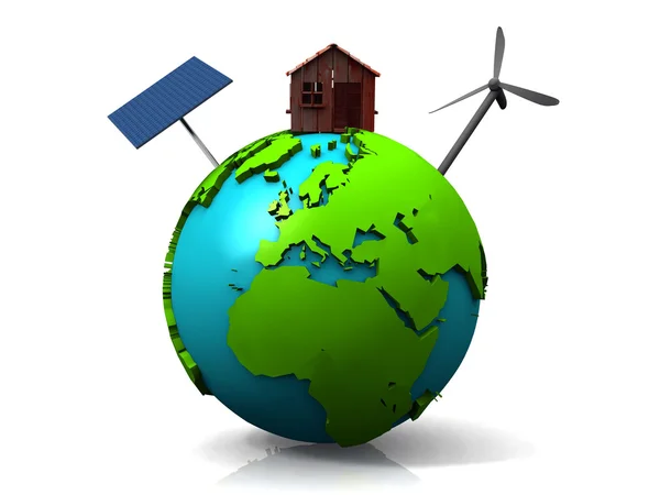 Rüzgar jeneratörü ve güneş paneli ile dünya — Stok fotoğraf
