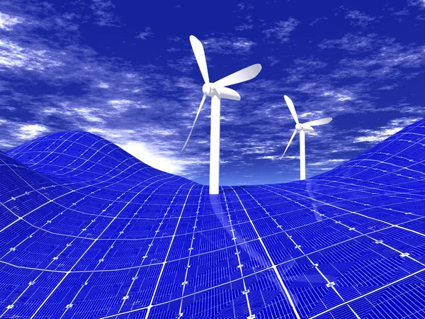 Větrné elektrárny a solární panel — Stock fotografie