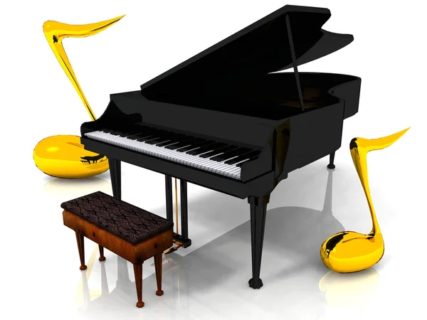 Piano com sinais de nota dourada — Fotografia de Stock