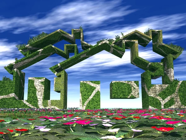 Gröna hus med blommor — Stockfoto