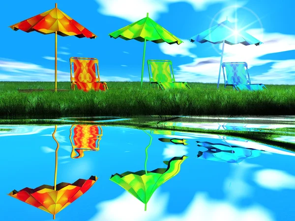 Leżaków z parasolem na plaży — Zdjęcie stockowe