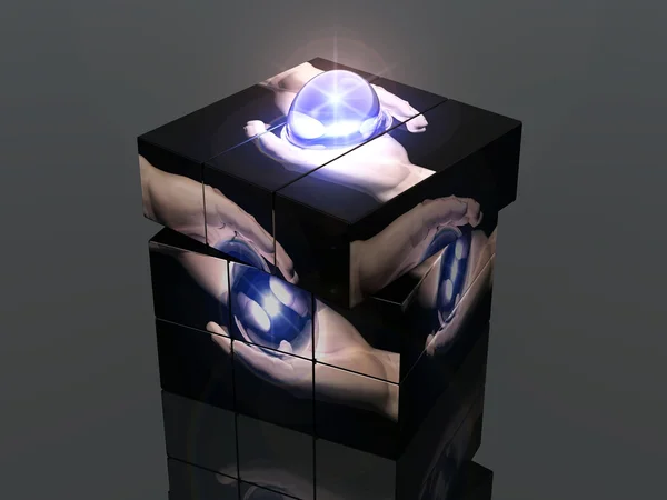 Cube with hands and magic ball