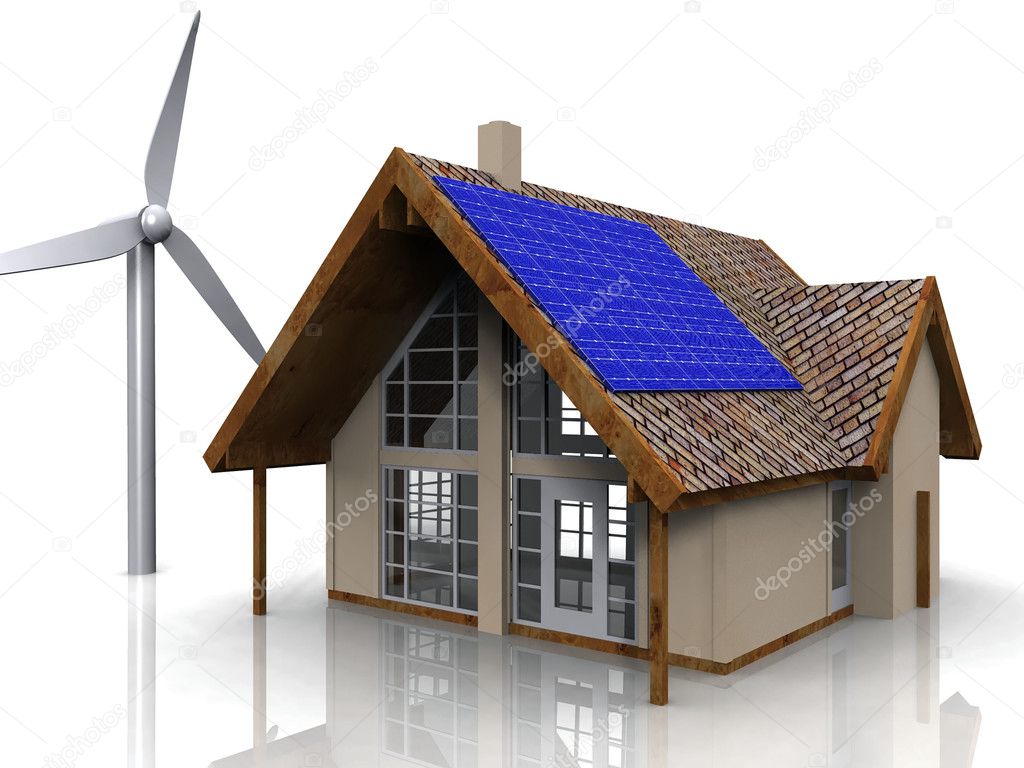 Energy conceptual rendering of a house with a wind turbine and solar panels