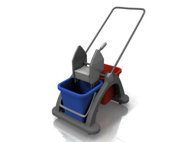 Beyaz bir arka plan üzerinde temizlik arabası