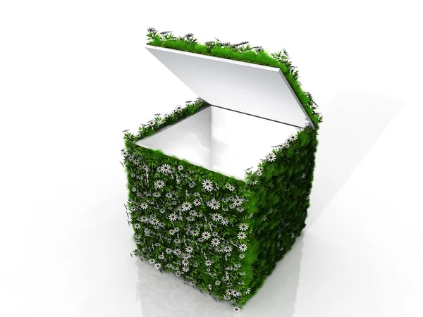 Cubo con erba e fiori — Foto Stock