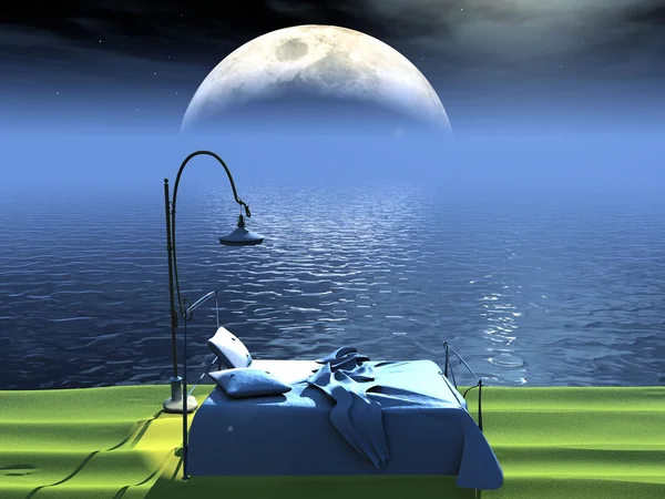 Bett am Meer und Mond — Stockfoto