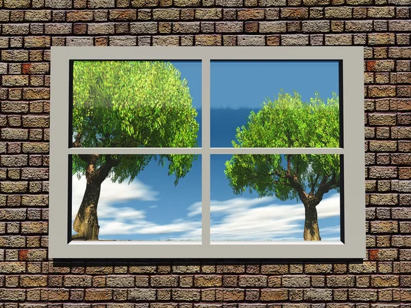 Träd och naturen genom fönstret — Stockfoto