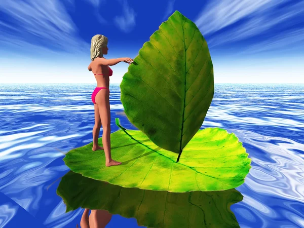 一个女人一片树叶上冲浪 — 图库照片