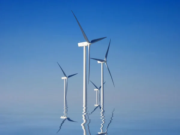 Turbinas eólicas y reflexión en el agua — Foto de Stock