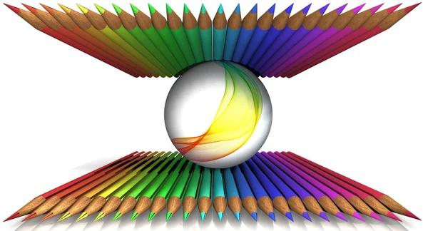 Цветные карандаши на белом фоне с мячом — стоковое фото