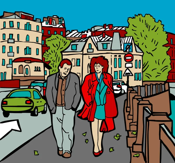 Couple walk in city — Stock Vector