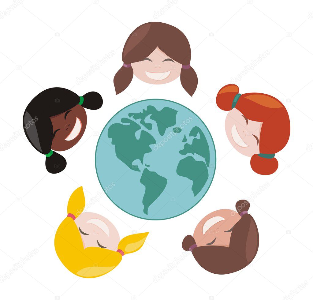 Happy mulicultural girls around the world vector illustration