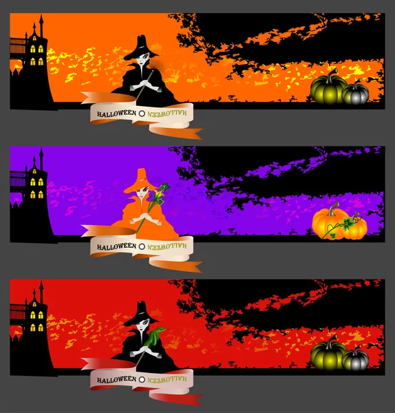 stock vector Halloween cards, banners or backgrounds set with pretty witches.