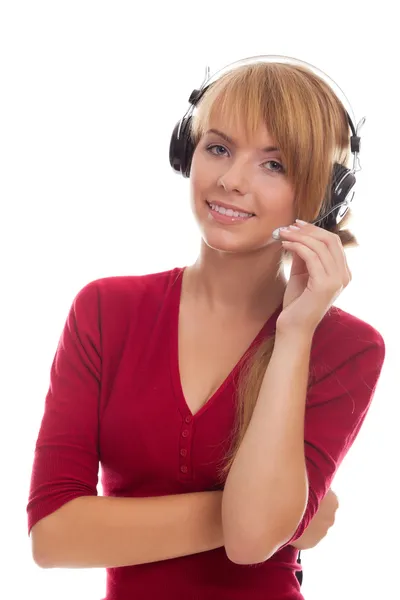 Vänlig ung kvinna hjälptelefon operatör i hörlurar — Stockfoto