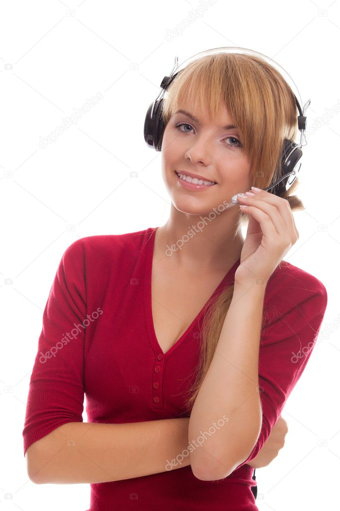 Friendly young woman helpline operator in headphones