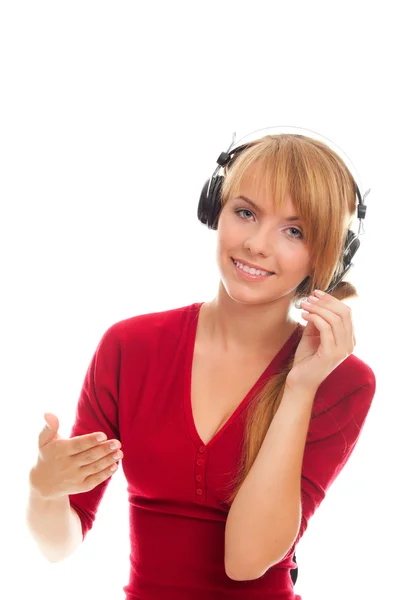 Friendly young woman hot line operator in headphones — Stock Photo, Image