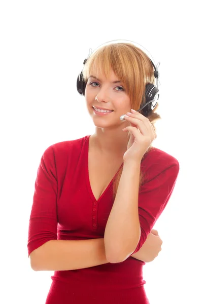 Friendly wanita muda on-line operator di headphone — Stok Foto