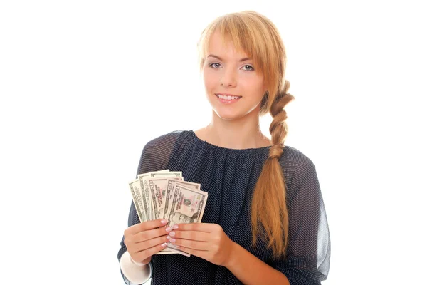 Young woman holding in hand cash money bill american dollars — Stock Photo, Image