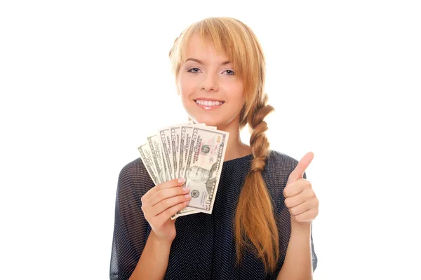 Young woman holding in hand cash money bill american dollars and — Stock Photo, Image